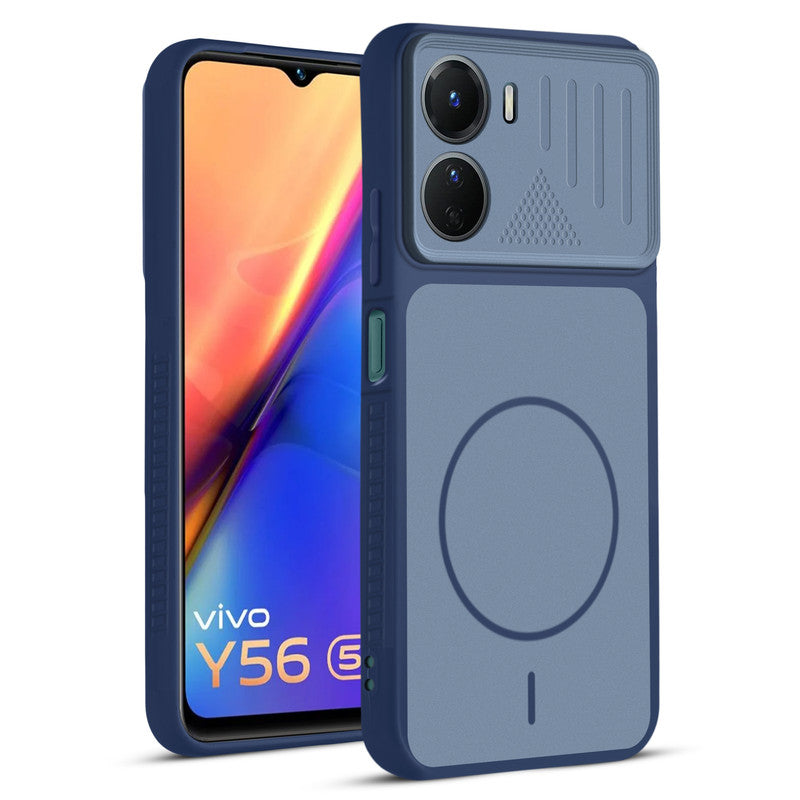 Front and back view of Blue protective back cover for Vivo Y56 5G with textured sides, camera guard and slim fit design.