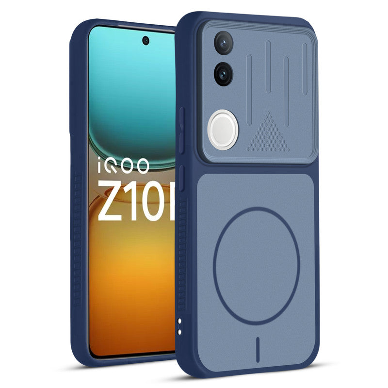 Front and back view of Blue protective back cover for iQOO Z10R 5G with textured sides, camera guard and slim fit design.