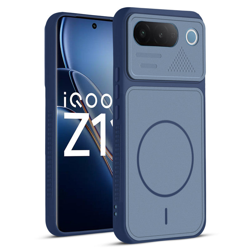 Front and back view of Blue protective back cover for iQOO Z11 5G with textured sides, camera guard and slim fit design.