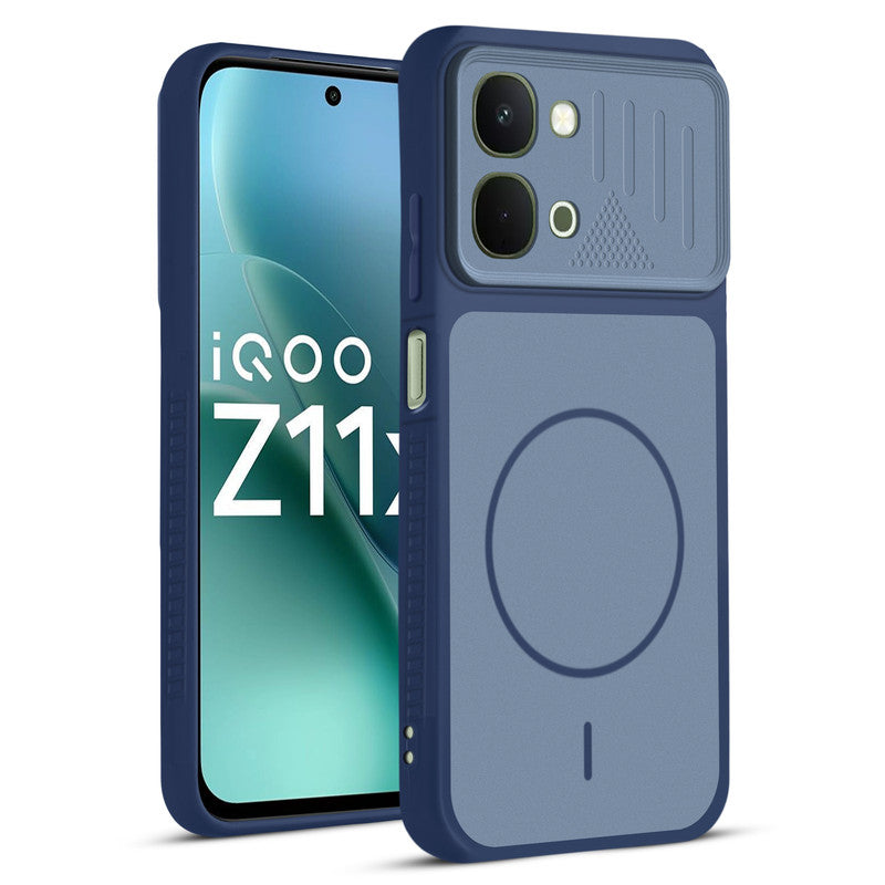 Front and back view of Blue protective back cover for iQOO Z11x 5G with textured sides, camera guard and slim fit design.