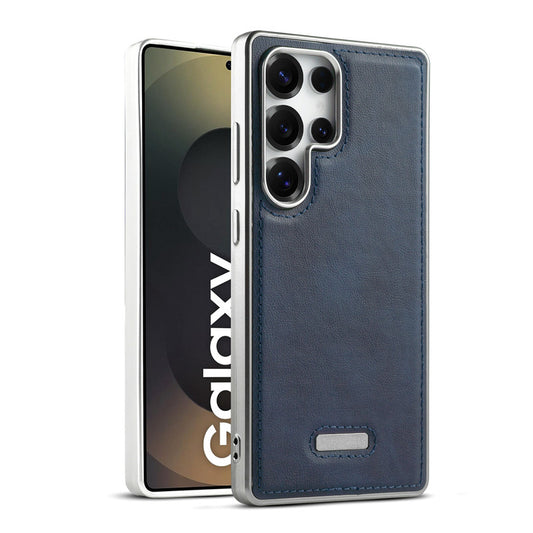 Sophisticated Leather Cover for Samsung S25 Ultra 5G with Shiny Silver Edges, Stitched Back Design & Hard Shell Protection