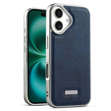 Sophisticated Leather Cover for Apple iPhone 16 with Shiny Silver Edges, Stitched Back Design & Hard Shell Protection