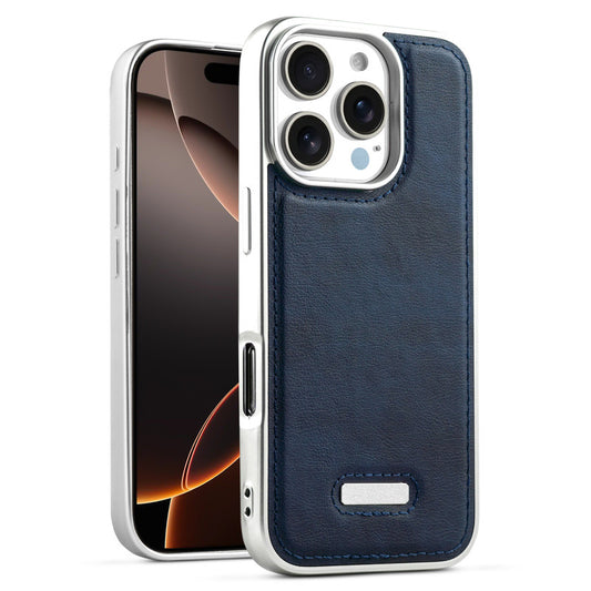 Sophisticated Leather Cover for Apple iPhone 16 Pro with Shiny Silver Edges, Stitched Back Design & Hard Shell Protection