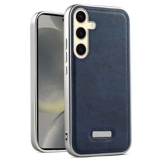Sophisticated Leather Cover for Samsung S24 5G with Shiny Silver Edges, Stitched Back Design & Hard Shell Protection