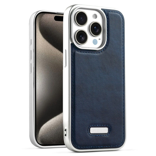 Sophisticated Leather Cover for Apple iPhone 15 Pro Max with Shiny Silver Edges, Stitched Back Design & Hard Shell Protection