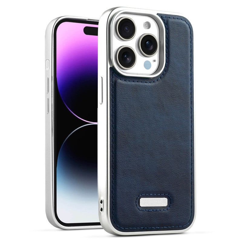 Sophisticated Leather Cover for Apple iPhone 14 Pro Max with Shiny Silver Edges, Stitched Back Design & Hard Shell Protection