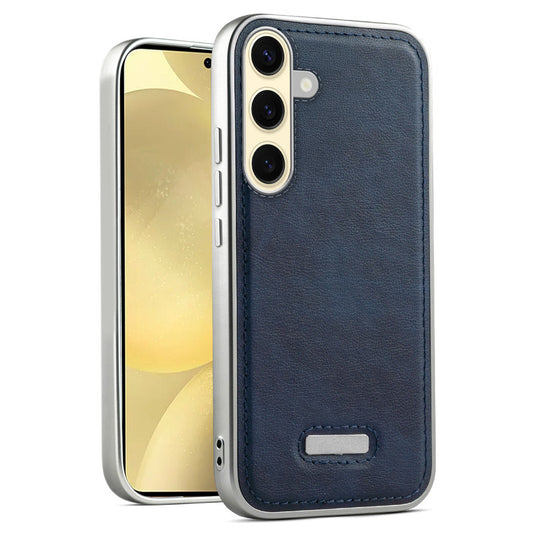 Sophisticated Leather Cover for Samsung S25 5G with Shiny Silver Edges, Stitched Back Design & Hard Shell Protection