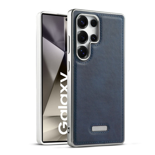 Sophisticated Leather Cover for Samsung S24 Ultra 5G with Shiny Silver Edges, Stitched Back Design & Hard Shell Protection