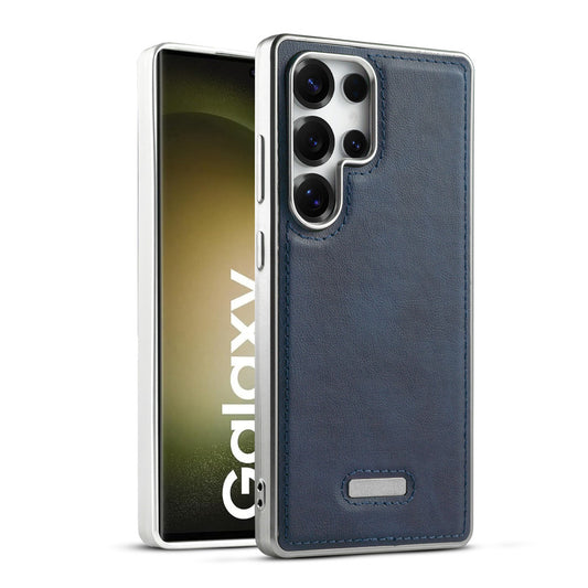 Sophisticated Leather Cover for Samsung S23 Ultra 5G with Shiny Silver Edges, Stitched Back Design & Hard Shell Protection
