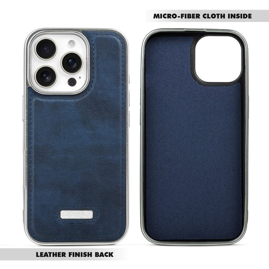 Sophisticated Leather Cover for Apple iPhone 15 Pro Max with Shiny Silver Edges, Stitched Back Design & Hard Shell Protection