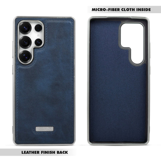 Sophisticated Leather Cover for Samsung S24 Ultra 5G with Shiny Silver Edges, Stitched Back Design & Hard Shell Protection