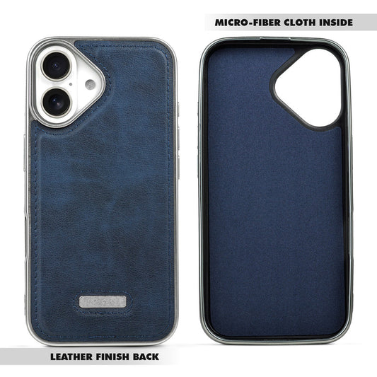 Sophisticated Leather Cover for Apple iPhone 16 with Shiny Silver Edges, Stitched Back Design & Hard Shell Protection