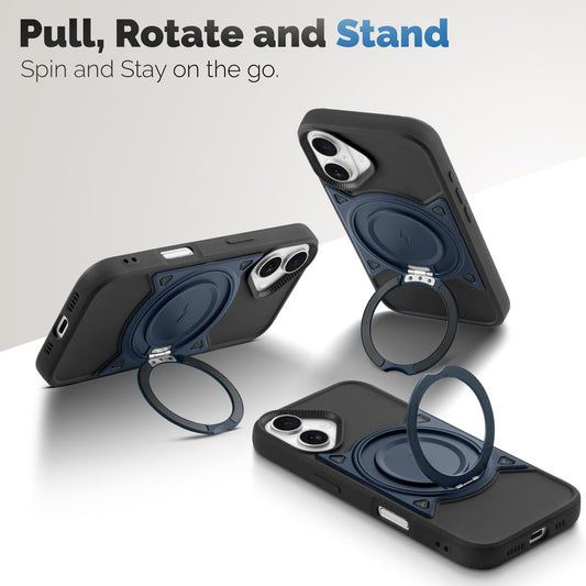 MagSafe Compatible with Metal Finish Ring Stand & Silicone Grip Back Case For Apple iPhone 16