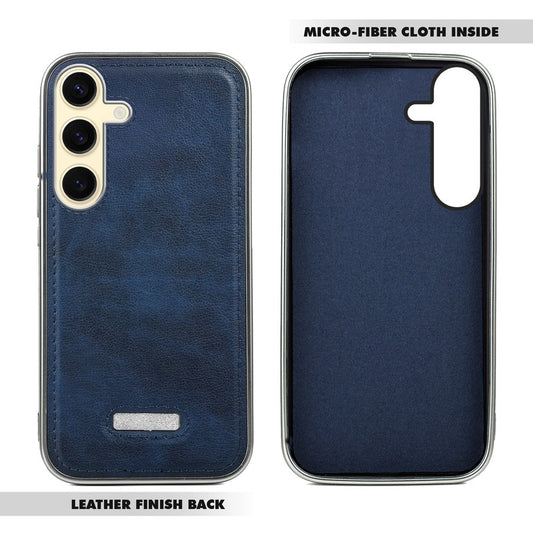 Sophisticated Leather Cover for Samsung S24 5G with Shiny Silver Edges, Stitched Back Design & Hard Shell Protection