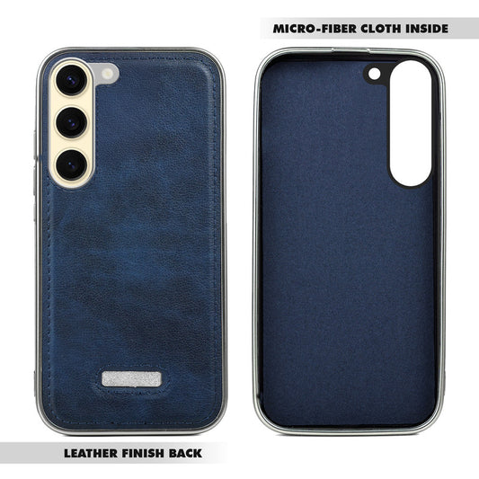Sophisticated Leather Cover for Samsung S23 5G with Shiny Silver Edges, Stitched Back Design & Hard Shell Protection