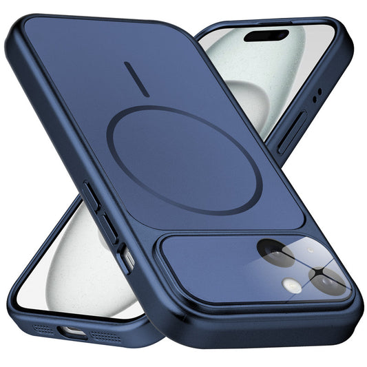 Premium navy blue converter back cover for iPhone 15 showing the back with magnetic ring, full camera protection, and an iPhone 17–style design.