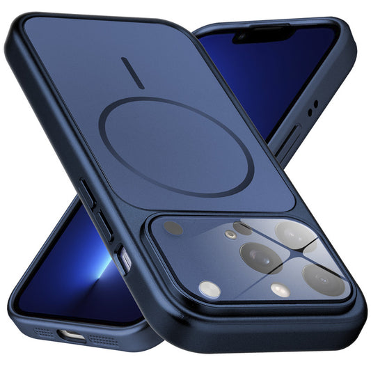 Premium navy blue converter back cover for iPhone 13 Pro showing the back with magnetic ring, full camera protection, and an iPhone 17–style design.