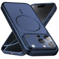 Premium navy blue converter back cover for iPhone 16 Pro Max showing the back with magnetic ring, full camera protection, and an iPhone 17–style design.