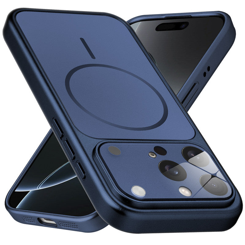 Premium navy blue converter back cover for iPhone 16 Pro Max showing the back with magnetic ring, full camera protection, and an iPhone 17–style design.