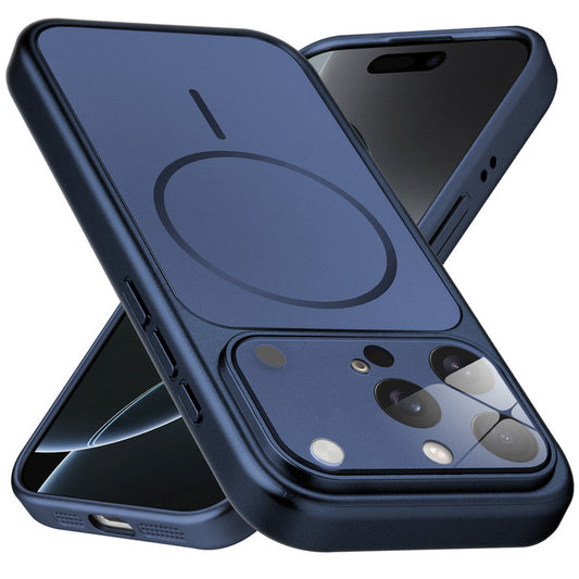 Premium navy blue converter back cover for iPhone 16 Pro Max showing the back with magnetic ring, full camera protection, and an iPhone 17–style design.
