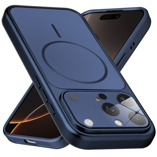 Premium navy blue converter back cover for iPhone 16 Pro showing the back with magnetic ring, full camera protection, and an iPhone 17–style design.