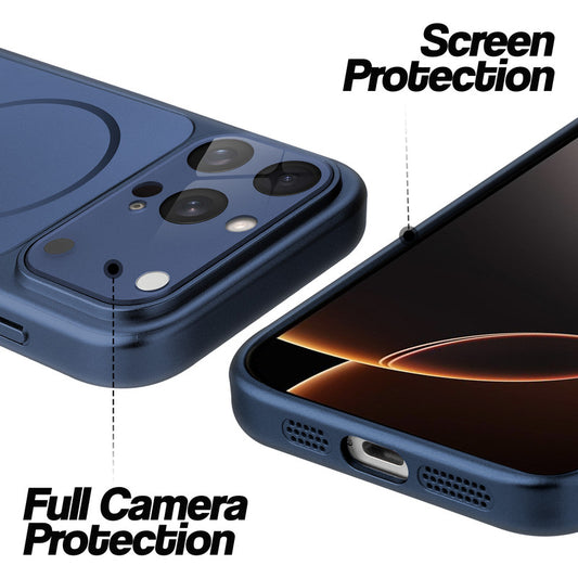 Navy Blue MagSafe back cover for iPhone 16 Pro showing raised edges for full camera protection and screen protection.