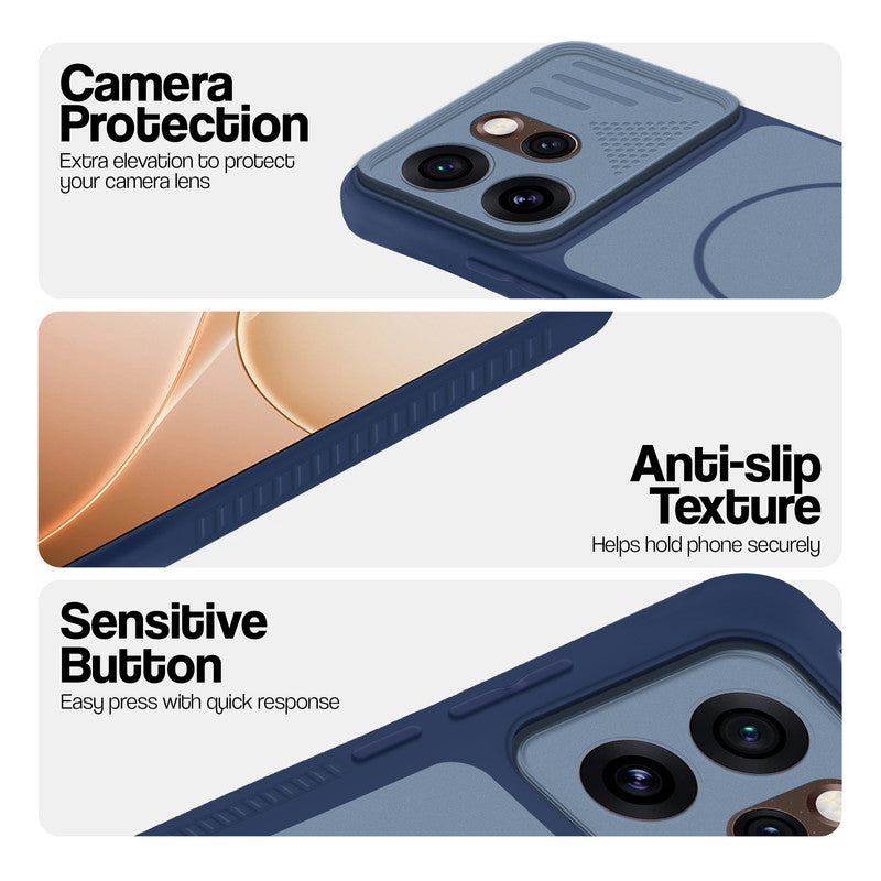Blue phone case for Oppo Reno 15 Pro 5G showing camera safety edges, anti slip side grip and easy press button covers.