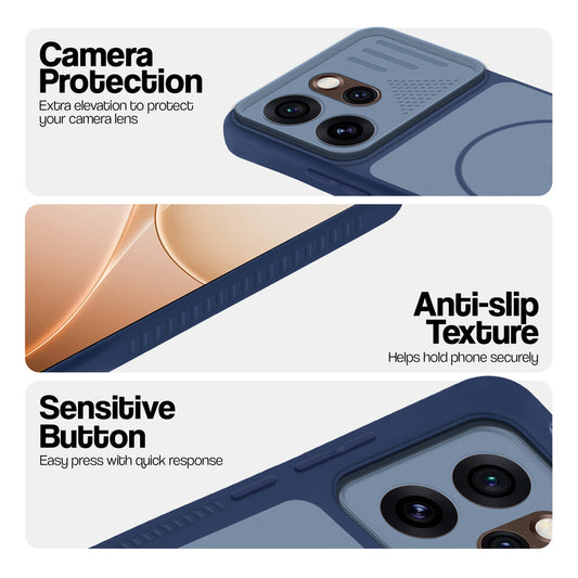 Blue phone case for Oppo Reno 15 Pro 5G showing camera safety edges, anti slip side grip and easy press button covers.
