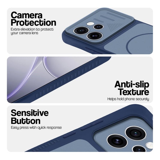 Blue phone case for Oppo Reno 15 Pro Mini 5G showing camera safety edges, anti slip side grip and easy press button covers.