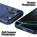 Navy Blue MagSafe back cover for iPhone 16 Pro Max showing raised edges for full camera protection and screen protection.
