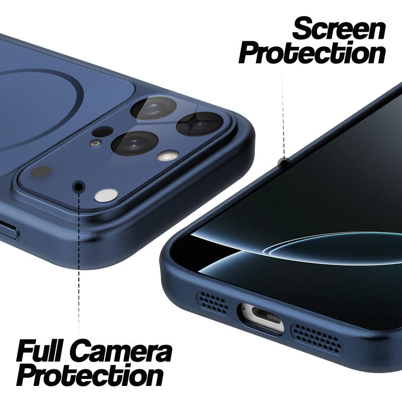 Navy Blue MagSafe back cover for iPhone 16 Pro Max showing raised edges for full camera protection and screen protection.