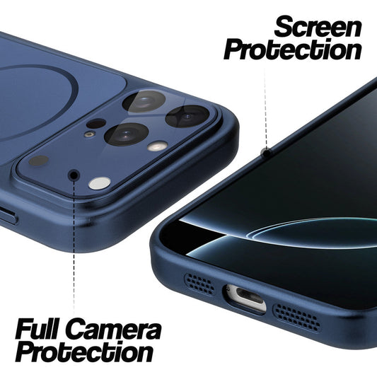 Navy Blue MagSafe back cover for iPhone 16 Pro Max showing raised edges for full camera protection and screen protection.