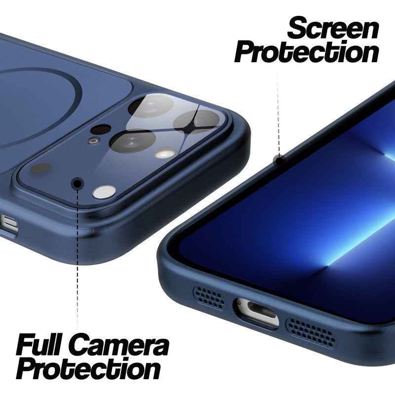 Navy Blue MagSafe back cover for iPhone 13 Pro Max showing raised edges for full camera protection and screen protection.