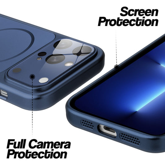 Navy Blue MagSafe back cover for iPhone 13 Pro Max showing raised edges for full camera protection and screen protection.