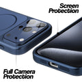 Navy Blue MagSafe back cover for iPhone 15 Pro showing raised edges for full camera protection and screen protection.