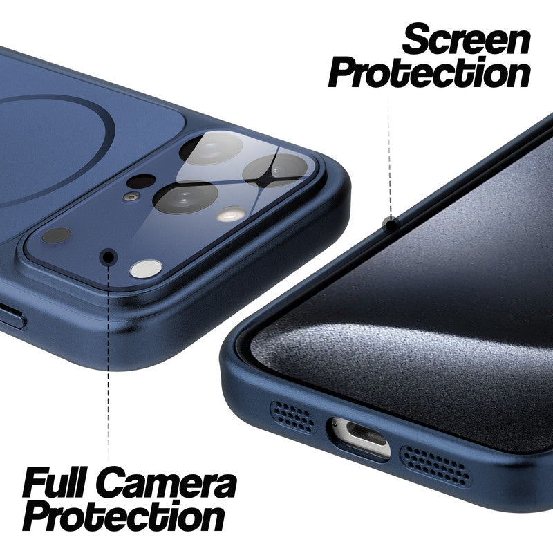 Navy Blue MagSafe back cover for iPhone 15 Pro showing raised edges for full camera protection and screen protection.
