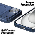 Navy Blue MagSafe back cover for iPhone 15 showing raised edges for full camera protection and screen protection.