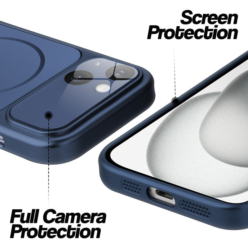 Navy Blue MagSafe back cover for iPhone 15 showing raised edges for full camera protection and screen protection.