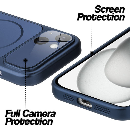 Navy Blue MagSafe back cover for iPhone 15 showing raised edges for full camera protection and screen protection.