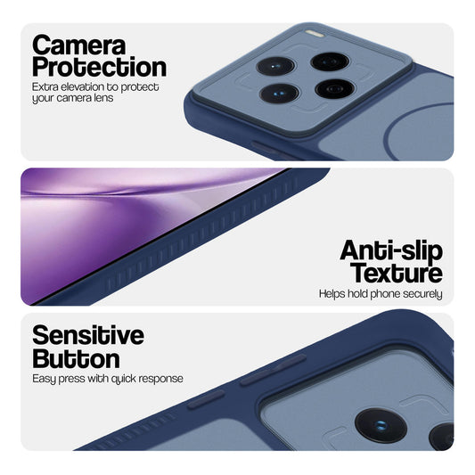 Blue phone case for Vivo X200T 5G showing camera safety edges, anti slip side grip and easy press button covers.