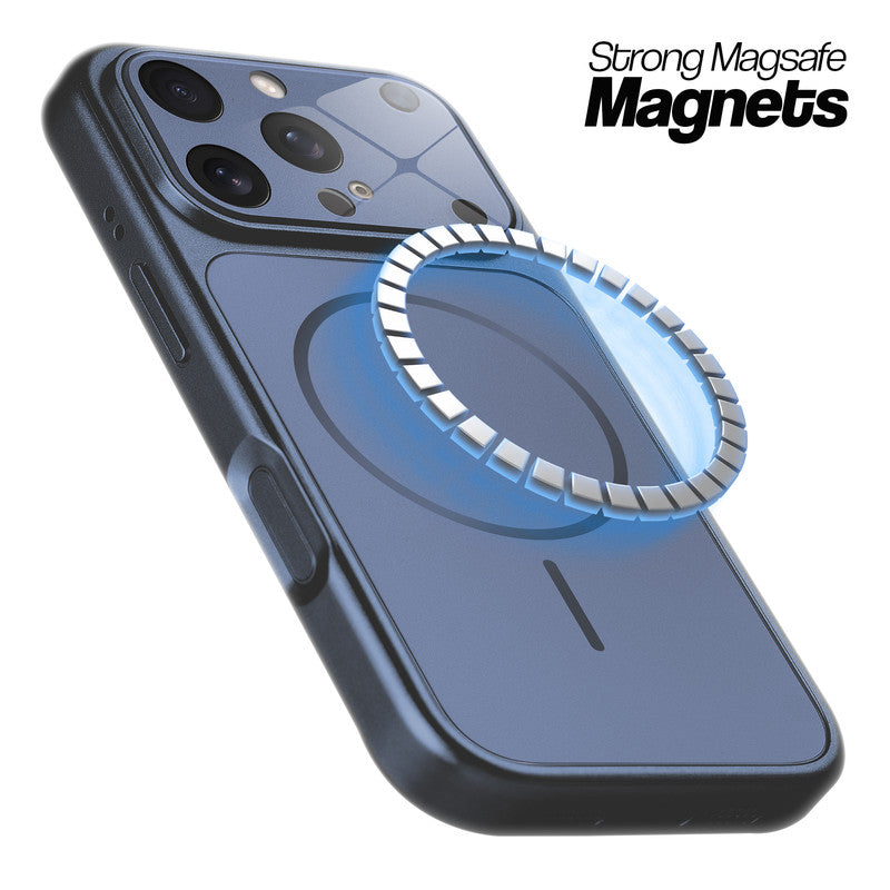 Navy Blue MagSafe compatible back cover for iPhone 16 Pro Max showing strong magnetic ring for secure MagSafe attachment.