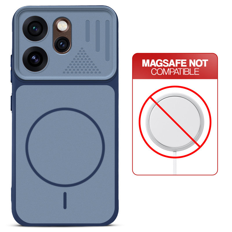 Blue back cover for Oppo Reno 15 Pro 5G with printed ring pattern and message showing not compatible with MagSafe charging.
