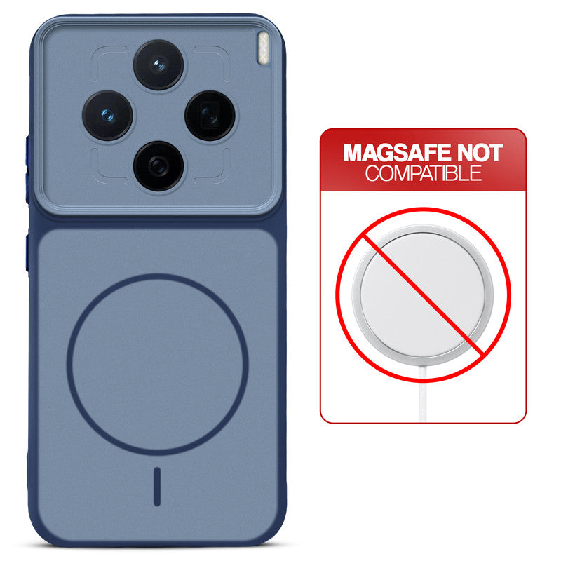 Blue back cover for Vivo X200T 5G with printed ring pattern and message showing not compatible with MagSafe charging.
