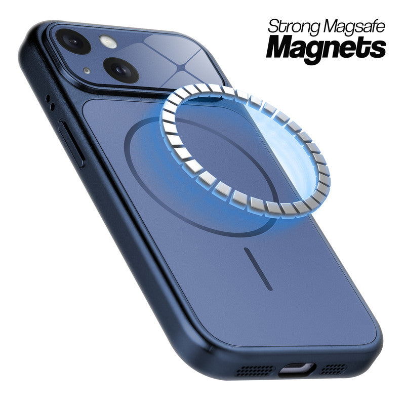 Navy Blue MagSafe compatible back cover for iPhone 15 showing strong magnetic ring for secure MagSafe attachment.