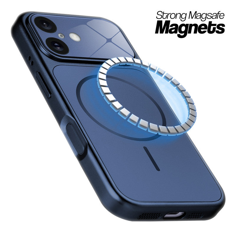 Navy Blue MagSafe compatible back cover for iPhone 16 showing strong magnetic ring for secure MagSafe attachment.