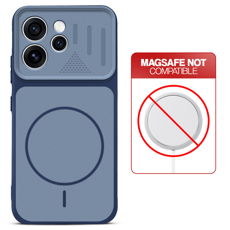 Blue back cover for Oppo Reno 15 Pro Mini 5G with printed ring pattern and message showing not compatible with MagSafe charging.
