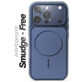Anti-fingerprint smudge-free navy blue MagSafe back cover for iPhone 15 Pro with matte finish.