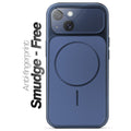 Anti-fingerprint smudge-free navy blue MagSafe back cover for iPhone 15 with matte finish.