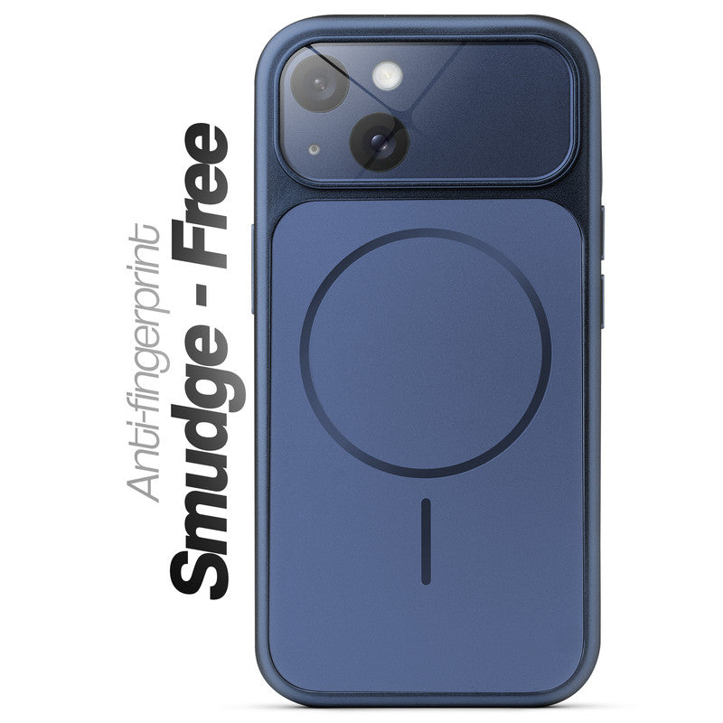 Anti-fingerprint smudge-free navy blue MagSafe back cover for iPhone 15 with matte finish.