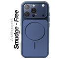 Anti-fingerprint smudge-free navy blue MagSafe back cover for iPhone 16 Pro Max with matte finish.